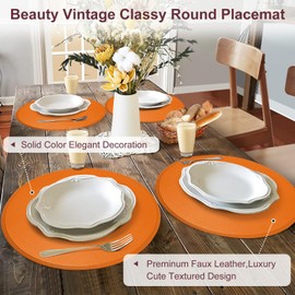 Rinpon PU Faux Leather Thick Wipeable Waterproof Round Placemats Set of 6, Vintage Cute Circle Place Mats Non-Slip Mats, Washable Oil-Proof Placemats, Wrinkle Free Kitchen Dining Table Mats(Orange)