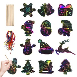 TECHEEL Christmas Scratch Pictures, Christmas Scratch Paper, Christmas Decoration, Rainbow Scratch Pictures for Children, Craft Set, Scratch Picture for Christmas, Party Decoration, DIY Pendant, Gift,