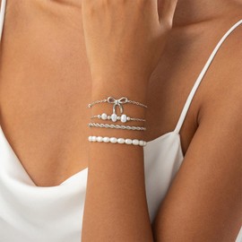 MQNP Gold Pearl Bow Bracelet for Women Adjustable Twisted Chain Beaded Stackable Bracelets Trendy Jewelry Gifts (Silver)