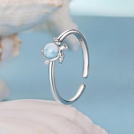 Qings Turtle Mermaid Fishtail Seahorse Ring Women's 925 Sterling Silver Ocean Animals Adjustable Open Ring Summer Seahorse Jewellery Gifts for Women Girls, Sterling Silver, Cubic Zirconia