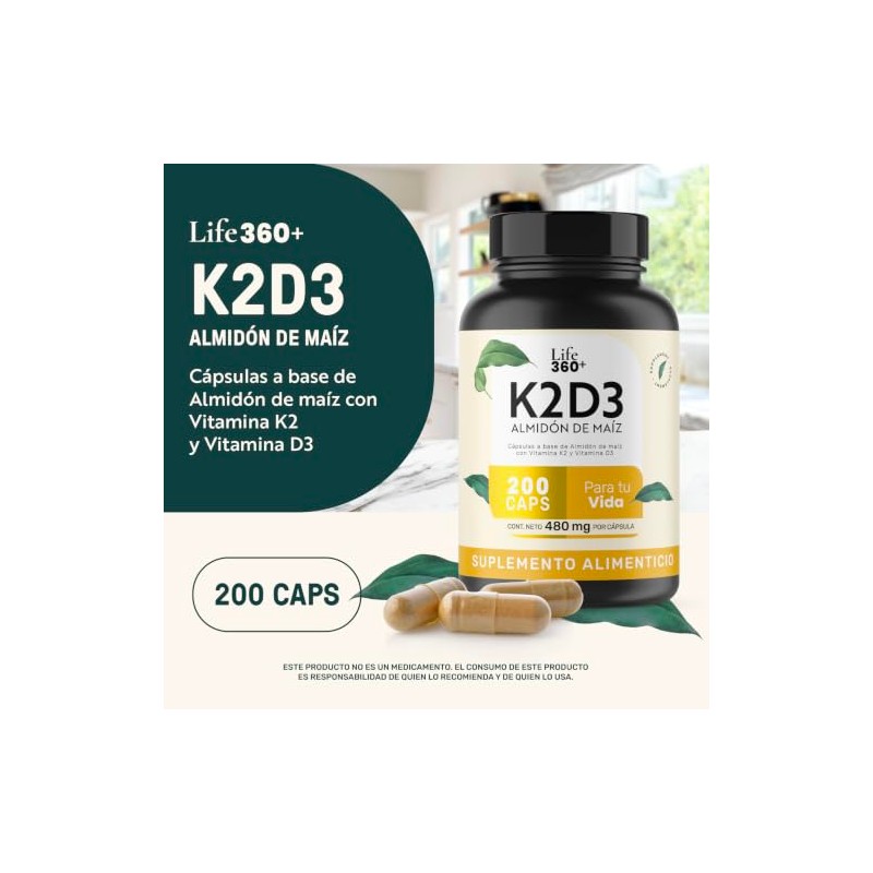 LIFE 360+ Vitamina K2 D3 | 200 cápsulas | 480mg