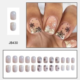 24Pcs Snowflake Press on Nails Short Square Nails Nude Fake Nails with Glue Winter Xmas Black White Snowflake Snow Full Cover False Nails Christmas Nails Stick on Nails for Women Girls DIY Manicure