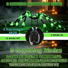 1 Pack 8 Modes 6.7 FT(Wide) Halloween Giant Spider,Light up Spider with 36 Green Lights,Light up Halloween Decorations Outside,for Yard Haunted House Window Party Porch Indoor Outside Decor