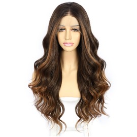 Sapphirewigs Brown Wig Lace Front Wig Highlight Synthetic Wavy Balayage Kanekalon Futura Wig Party Date Daily Wear Natural Looking Wig 24inch