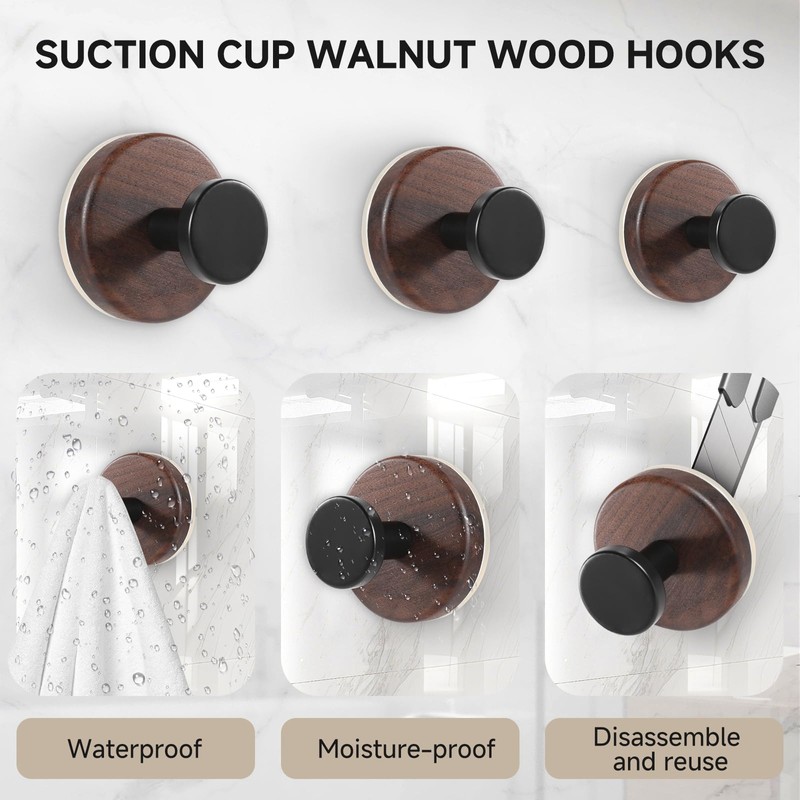 SEIUCAN Walnut Suction Cup Hooks - Waterproof No Drill Removable