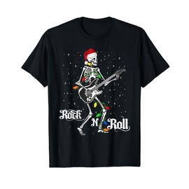 Santa Rocker Skeleton Rock N Roll Guitar Guitar Christmas T-Shirt, black