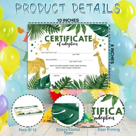 Safari Adoption Certificate - Adopt an Animal Certificate for Boy - Animals Adoption Party Decorations - Gold Wild One Party Animals Birthday Party Favors Supplies, 10 Adoption Certificates (CC08)