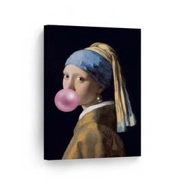 Smile Art Design Johannes Vermeer's Masterpiece Girl with a Pearl Earring Pink Bubble Gum Art CANVAS PRINT Famous Painting Wall Art Classic Art Home Decor Made in USA Rolled Up 40x30