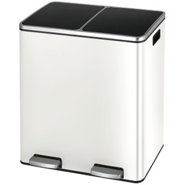 Arlopu Dual Trash Can, 2 x 8 Gallon (2 x 30 L) Hands-Free Trash and Recycle Bin Combo, Stainless Steel Kitchen Garbage Can with Soft-Close Lid, Removable Inner Buckets, Step Pedal, Airtight (White)