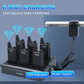 Voopon Rechargeable Walkie Talkies for Adults 22 FRS Channels Two-Way Radios with Earpieces 6 Way Multi Unit Gang Charger Long Range VOX Transceivers for Business Company Camping Church Shop (6 Pack)