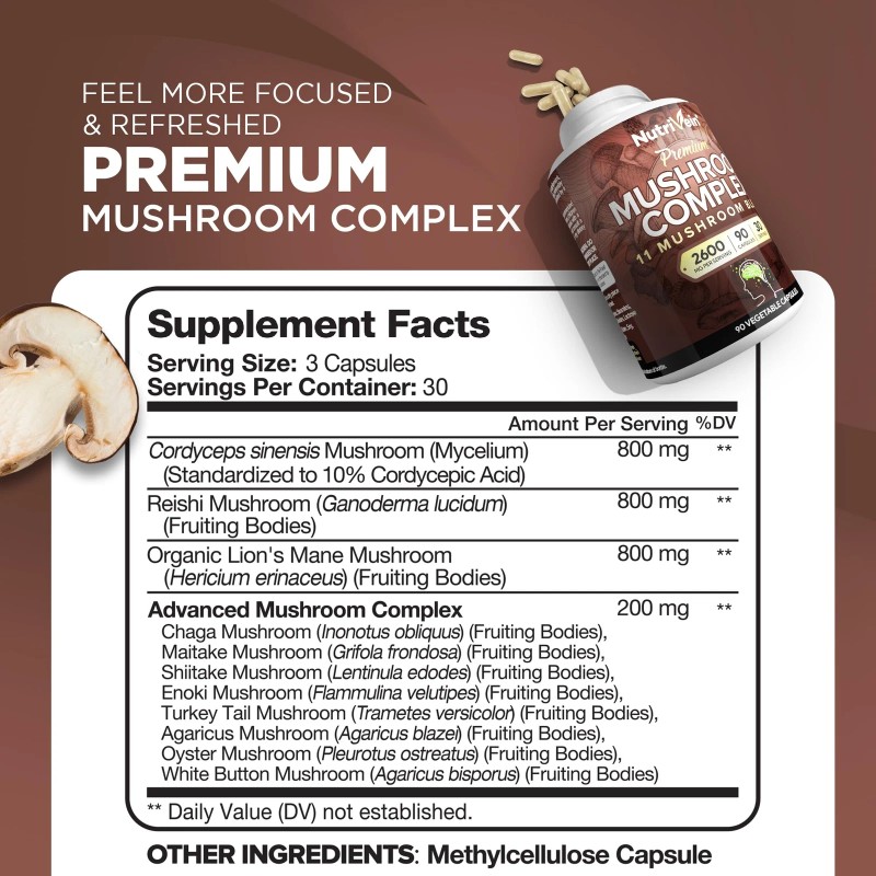 Nutrivein 11 Mushroom Blend Immune Support Herbal Supplement 90 Capsules