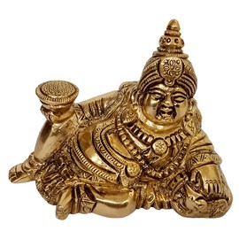 Purpledip Brass Statue Kubera (Hindu God of Wealth & Prosperity): Kuber Vaisravana Sarvanubhuti Idol in Resting Posture with Pot of Gold Coins (12645)