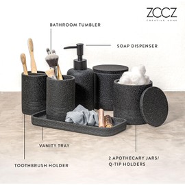ZCCZ - Juego de 6 accesorios de baño de piedra negra, soporte para cepillo para polvo de dientes, dispensador de loción, contenedor Qtip, bandeja de cambiador, vaso, organizador de encimera para baños