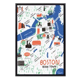 Kate and Laurel Sylvie Boston Illustration Framed Canvas Wall Art by Stacie Bloomfield of Gingiber, 23x33 Black, Bohemian Cityscape Wall Accent