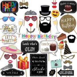 Birthday Photo Booth Props - 41-pc Kit with 8 x 10-Inch Sign, 60 Adhesive Pads, 45 Sticks