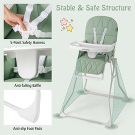 BABY JOY Foldable High Chair, Portable Highchairs for Babies and Toddlers with 3-Position Adjustable Tray & Footrest, Removable Seat Cushion, 5-Point Safety Harness, Space Saving Design (Green)