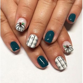 Press on Nails Short Square Fake Nails Pumpkin Glue on Nails Fall Dark Green False Nails Acrylic Nail Press ons Full Cover Grids Design Reusable Thanksgiving Stick on Nail for Women Manicure 24Pcs