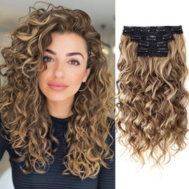 Clip in Hair Extensions,LEOSA 4PCS 16 inch Curly Hair Extensions Short Soft Natural Hairpiece Lace Weft Curly Wave Clip Ins Extensions Invisible for Women,Ash Brown with Blonde Highlights