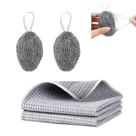 HSYTEK Pack of 2 Cleaning Cloths and 2 Hanging Steel Sponge, Reusable Stainless Steel Sponge, 30 x 30 cm Scratch-Resistant Dishcloth, Cleaning Sponge for Cookers, Pots, Cooker Hoods