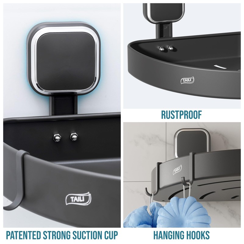 TAILI Corner Shower Caddy with Suction Cup with Hooks, Aluminum