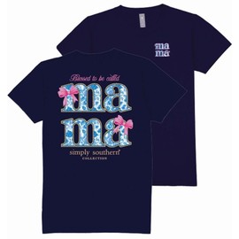 Simply Southern Blessed to Be Called Mama - Pink Bows - Adult T-Shirt (US, Alpha, Small, Regular, Regular, Navy)