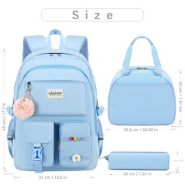 abshoo Big Student Backpack For School Teen Girls Middle High School Bookbag Elementary Backpacks with Lunch Bag (Light Blue)