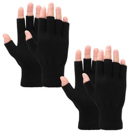 2 Pair Fingerless Gloves, Winter Half Finger Gloves Thickened Cashmere Warm Gloves Knit Touchscreen Warm Stretchy Mittens Fingerless Gloves for Men and Women Black+Grey