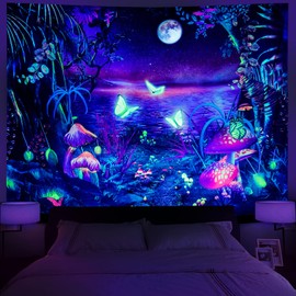 Serborlur Blacklight Fantasy Forest Tapestry Aesthetic Moon Tapestries UV Reactive Psychedelic Butterfly Wall Decor Galaxy Space Tapestries Wall Hanging for Bedroom Living Room (51.2 × 59.1 inches)