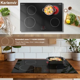 Karienvir 30 Inch Electric Cooktop Built-in Electric Stove Top, 4 Burner Electric Stove 6400W, Touch Control, Extended Zone, Timer, Safety Lock, Pause, 220-240v, Hard Wire