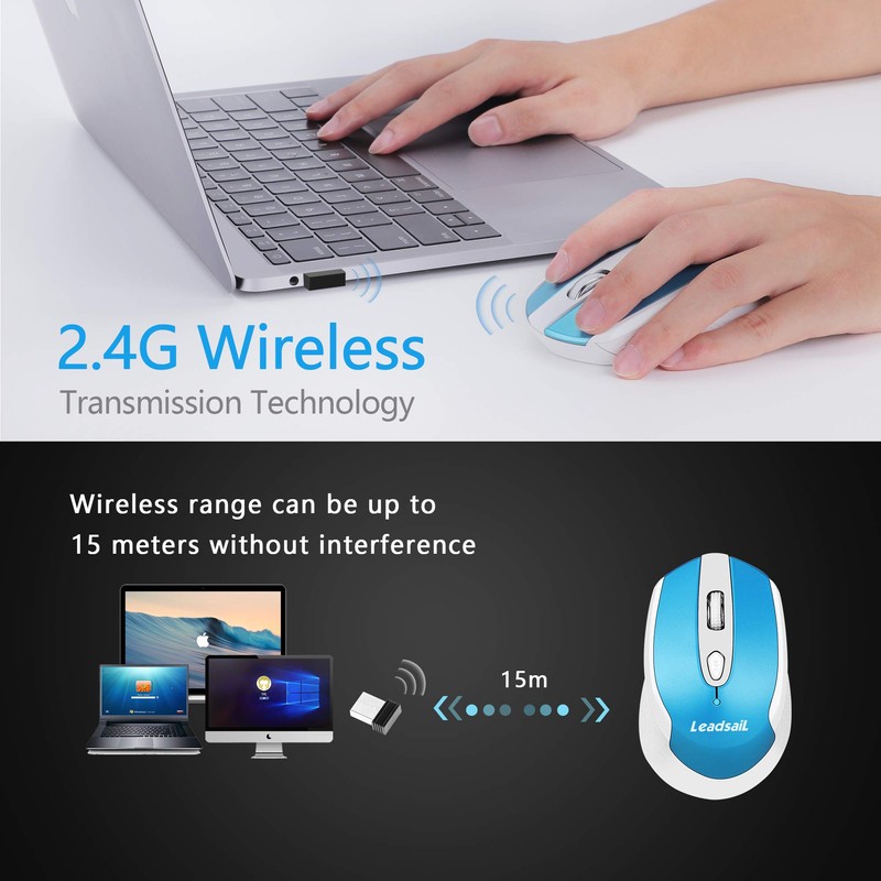 LeadsaiL Quiet Wireless Mouse 2.4 GHz 1600 DPI Optical Tracking,