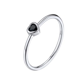 Silvora Simple women's ring, stackable with white/black zircons made of S925 silver, single acher simple ring with round/heart-shaped zirconia in round cut, ring size J (14.8) - 67 (21.4) in silver