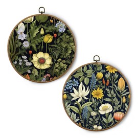 BitKAM Dark Moody Floral Round Wall Art Decor, Dark Academia Cottagecore Flower Canvas Prints Framed, Vintage Botanical Wall Hanging Decorations for Home Bedroom, 10x10 Inch Wall Sculptures Set of 2