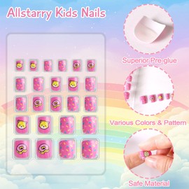 Allstarry Kids Press on Nails, 3 Packs Nails for Kids Children Nail Press on Pre-glue Full Cover Rainbow Glitter Heart Donut French Short False Nail Kits Lovely for Children Little Girls