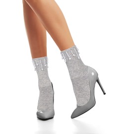 Violet Mist Women's Novelty Crew Socks Grey Pearl Socks Teen Girls Cute Jeweled Ankle Socks with Pearls Fancy Casual Cotton Socks Kawaii Pearl Decorated Dress Socks Fashion Pretty Unique Calf Socks
