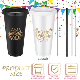 Jingmore Birthday Party Tumblers 24 oz Squad Plastic Tumblers with Lid and Straw for 20th 30th 40th 50th 60th Birthday Decorations Favor for Women Adults(White, Black,12 Pcs)