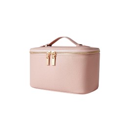 ROWNYEON Large Capacity Cosmetic Bags for Women, Waterproof Leather Portable Toiletry Bag, Hard Shell Brushes Makeup Organizer Travel Essentials Makeup Case With Handle and Divider (Pink)