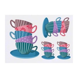 4 x 'Stacked Teacups' Temporary Tattoos - Water Resistant, Skin-Safe, Non-Toxic Transfers, Mixed Sizes (TO00084342)