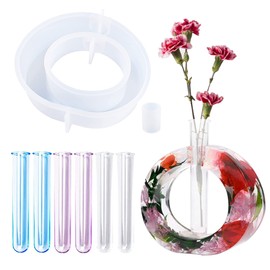 Woohome Blumenvase Silikonform Vase Resin Form Silikonformen Epoxidharz Pflanzgefäß Gießformen mit 6 Stück Acryl Reagenzgläser für Hydrokulturpflanzen, Heim Büro Dekor, Runden
