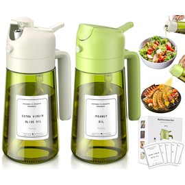 Vakoo 2 in 1 Oil Sprayer and Oil Dispenser for Kitchen - 16oz/470ml Light-Blocking Dark Glass Olive Oil Spray Bottle for Cooking, Air Fryer, Salad & BBQ (Green&White)