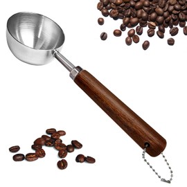 1pcs Coffee Scoop for Ground Coffee, Beans and Tea，Vintage Coffee Measuring Spoon with Long Wooden Handle 30ml/10g Capacity 304 Stainless Steel（Silver)