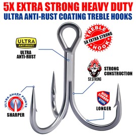 Fishing-Treble-Hooks-5X-Extra-Strong-Heavy-Duty Ultra Anti-Rust Bulk Hooks for Saltwater and Freshwater Fishing Sizes 5/0 to #8 (5X Extra Strong, Size:8 24-Pack)