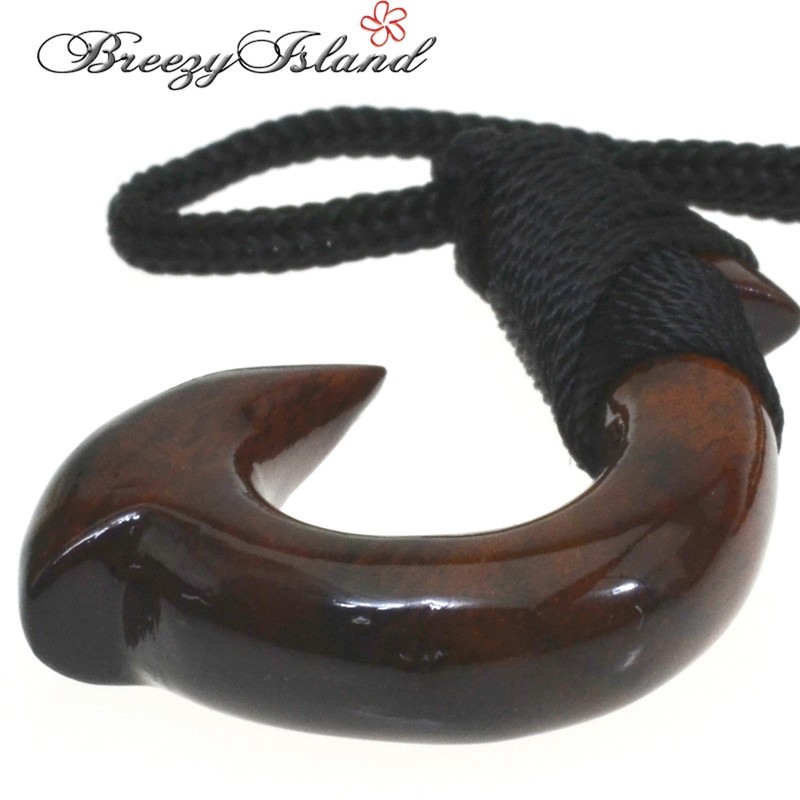 BreezyIsland Hawaiian Accessories Koa Wood Pendant Fish Hook, Wood