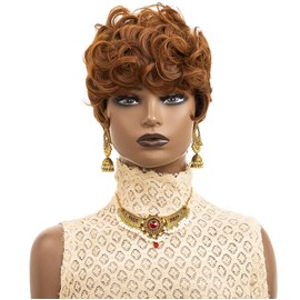 Pixie Cut Wigs Short Pixie Brown Wigs for Women Short Curly Hair Layered Wavy Pixie Wigs With Bangs Auburn Curly Hair Wigs Short Wigs for Black Women Brown Pixie Wigs Short Brown Wig for Women (Brown)