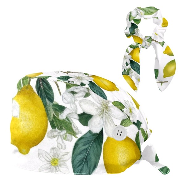 FVQL Surgical Cap with Hair Scrunchy, Flower Leaf and Lemons,