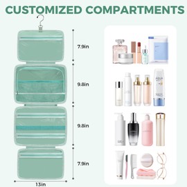 prezon Toiletry Bag For women,Portable Hanging Organizer,4 Leakproof Compartment for full-sized Conditioner, Brushes Set, Makeup Accessories,Visible and easy to access.L-mint