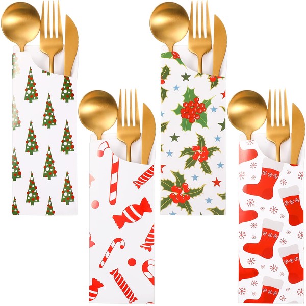 Containlol 100 Pieces Christmas Silverware Bags Disposable Christmas Utensil Holder Silverware Sleeves Kraft Paper Xmas Flatware Tableware Holder Bags for Christmas Party Table Decorations Supplies