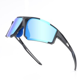 Solsun Men/Women Polarized Cycling Sunglasses, UV Protection, Wrap Around Design, Black Frame-blue Lens, One Size