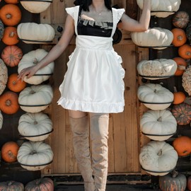 Vintage Adjustable Ruffle White Apron Maid Pioneer Costume Victorian Style Cotton 50’s Dress Apron with Long Ties and Pockets