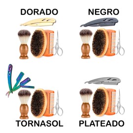 Kit 5p Cuidado De Barba Cepillo Bambú Tijera Navaja Brocha Kit de aseo facial masculino uso portátil, Tijeras, Porta Navajas, Brocha, Cepillo y Peine de Bambu (Dorado)