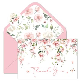 Whaline 50 Pack Pink Flower Thank You Cards Floral Thank You Greeting Note Cards Boxed with Envelope Sticker for Wedding Bridal Shower Birthday Baby Shower